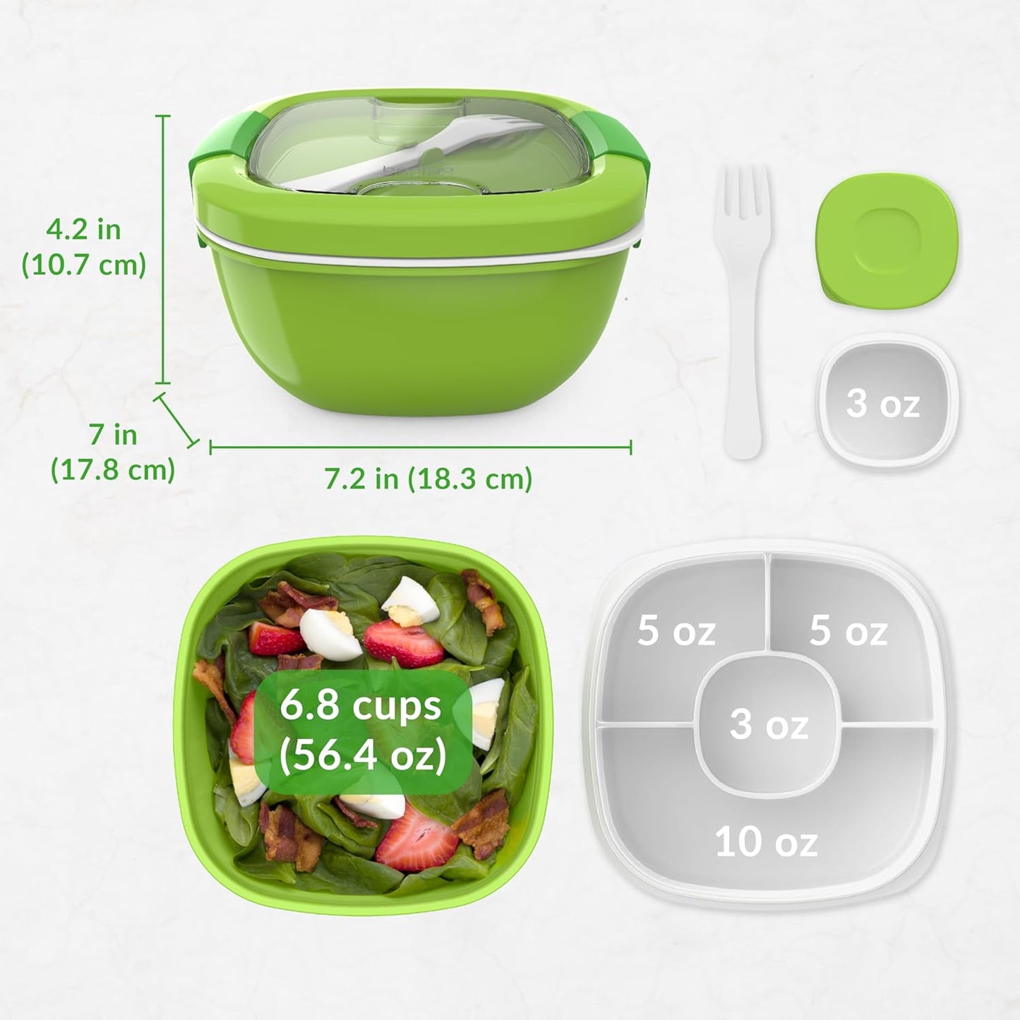 ® All-In-One Salad Container - Large Salad Bowl, Bento Box Tray, Leak-Proof Sauce Container, Airtight Lid, & Fork for Healthy Adult Lunches; Bpa-Free & Dishwasher/Microwave Safe (Green)