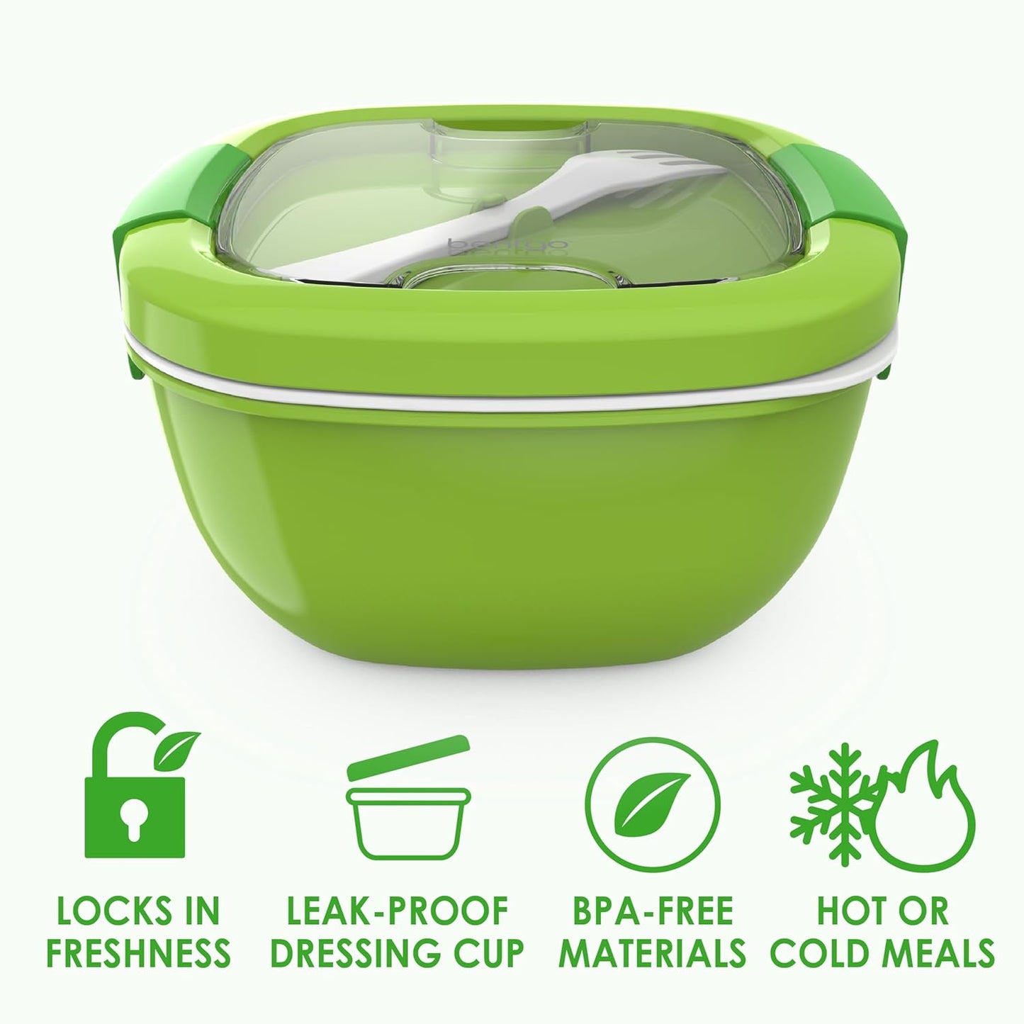 ® All-In-One Salad Container - Large Salad Bowl, Bento Box Tray, Leak-Proof Sauce Container, Airtight Lid, & Fork for Healthy Adult Lunches; Bpa-Free & Dishwasher/Microwave Safe (Green)
