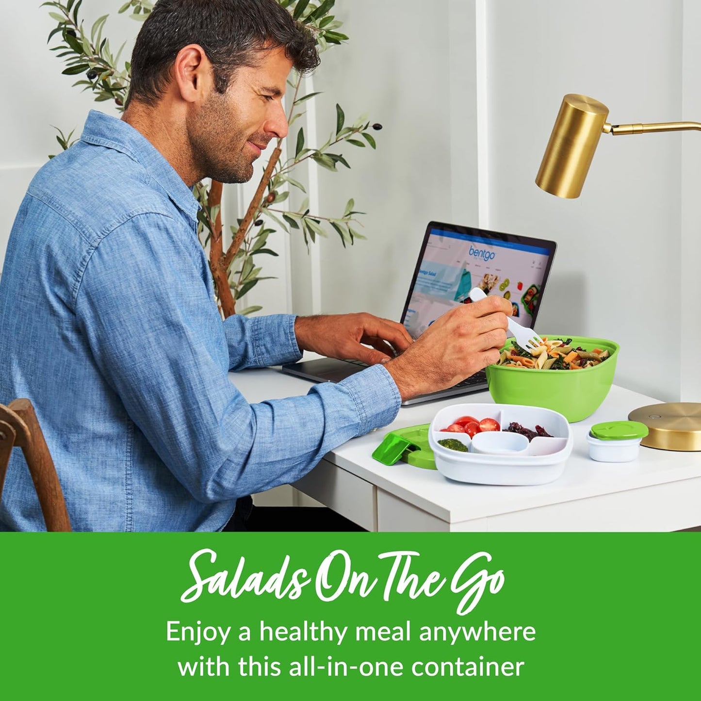 ® All-In-One Salad Container - Large Salad Bowl, Bento Box Tray, Leak-Proof Sauce Container, Airtight Lid, & Fork for Healthy Adult Lunches; Bpa-Free & Dishwasher/Microwave Safe (Green)