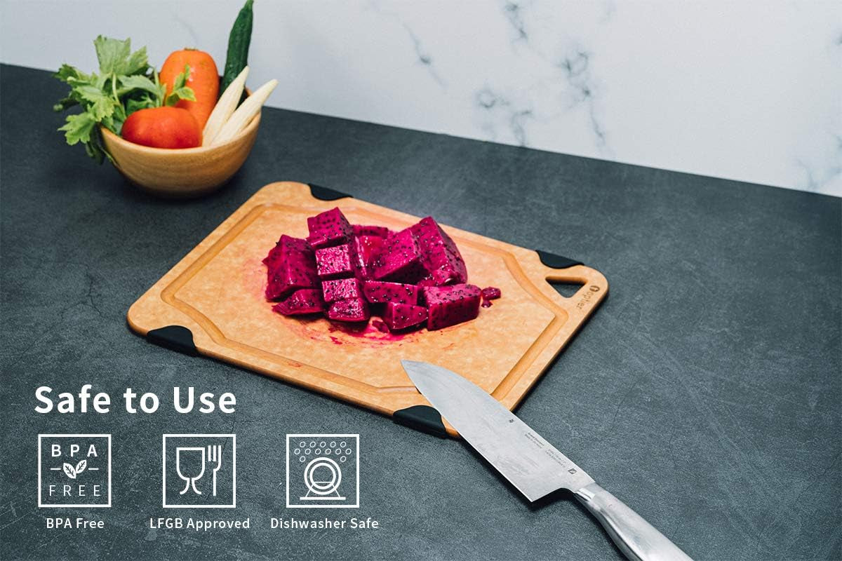 Cutting Board for Kitchen Dishwasher Safe,  Wood Fiber Cutting Board, Eco-Friendly, Non-Slip, Juice Grooves, Non-Porous, BPA Free, Small Silicone Cutting Board, 11.5 X 9.25-Inch, Natural Slate