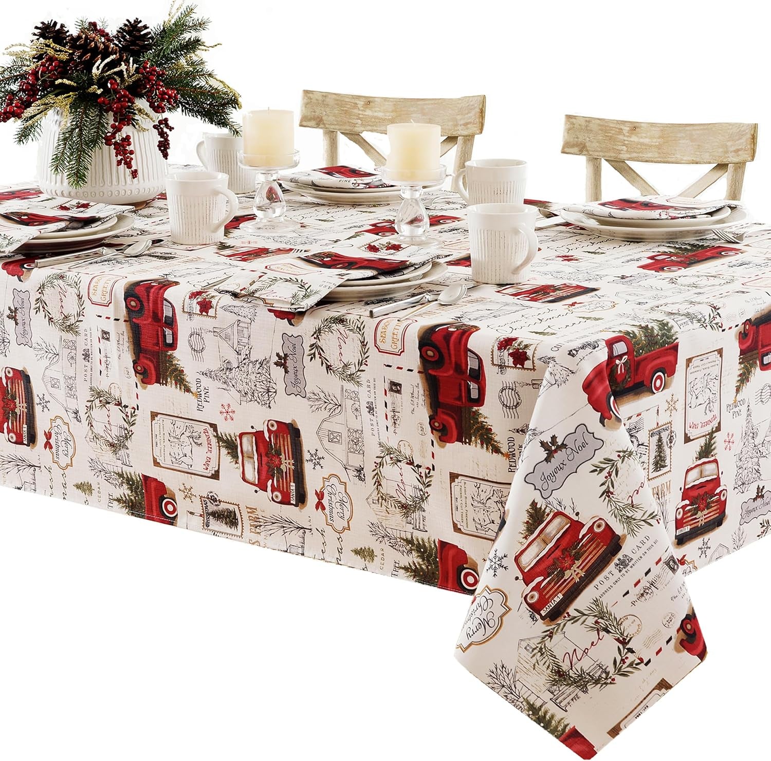 Pine Hill Christmas Tree Farm Fabric Holiday Tablecloth - Nostalgic Retro Christmas Farm Truck Print No Iron and Stain Resistant Fabric Tablecloth, 52” X 70” Oblong/Rectangle