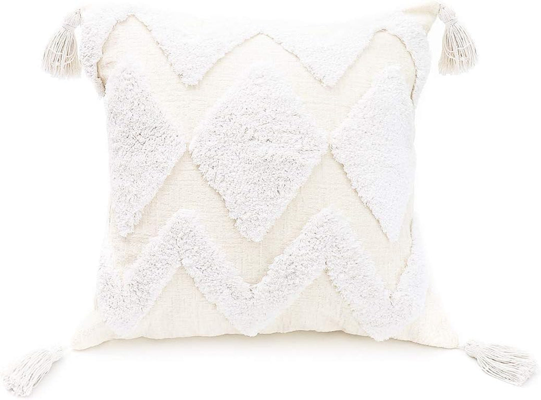 Boho White Throw Pillow Cover 18X18 Inch with Tassels, Moroccan Tufted Decorative Cream Chenille Fabric Accent Textured Cushion Case for Bed Couch, 1 PC