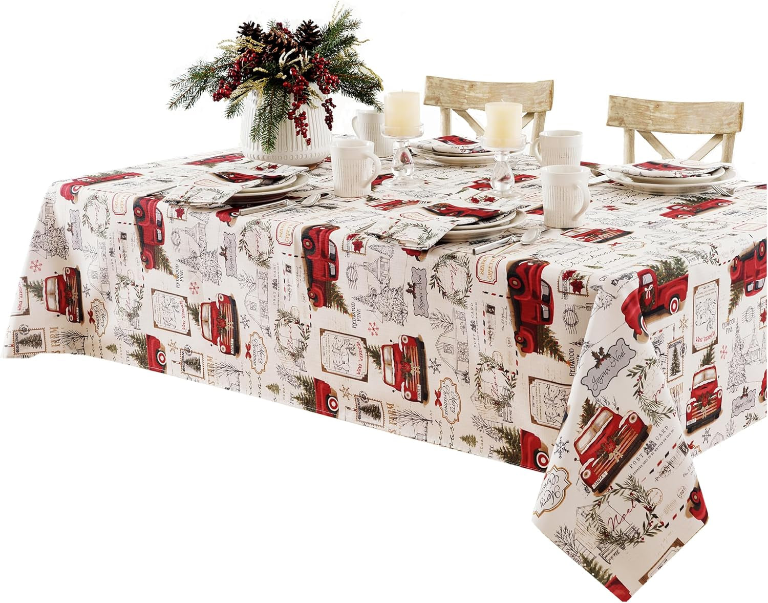 Pine Hill Christmas Tree Farm Fabric Holiday Tablecloth - Nostalgic Retro Christmas Farm Truck Print No Iron and Stain Resistant Fabric Tablecloth, 52” X 70” Oblong/Rectangle