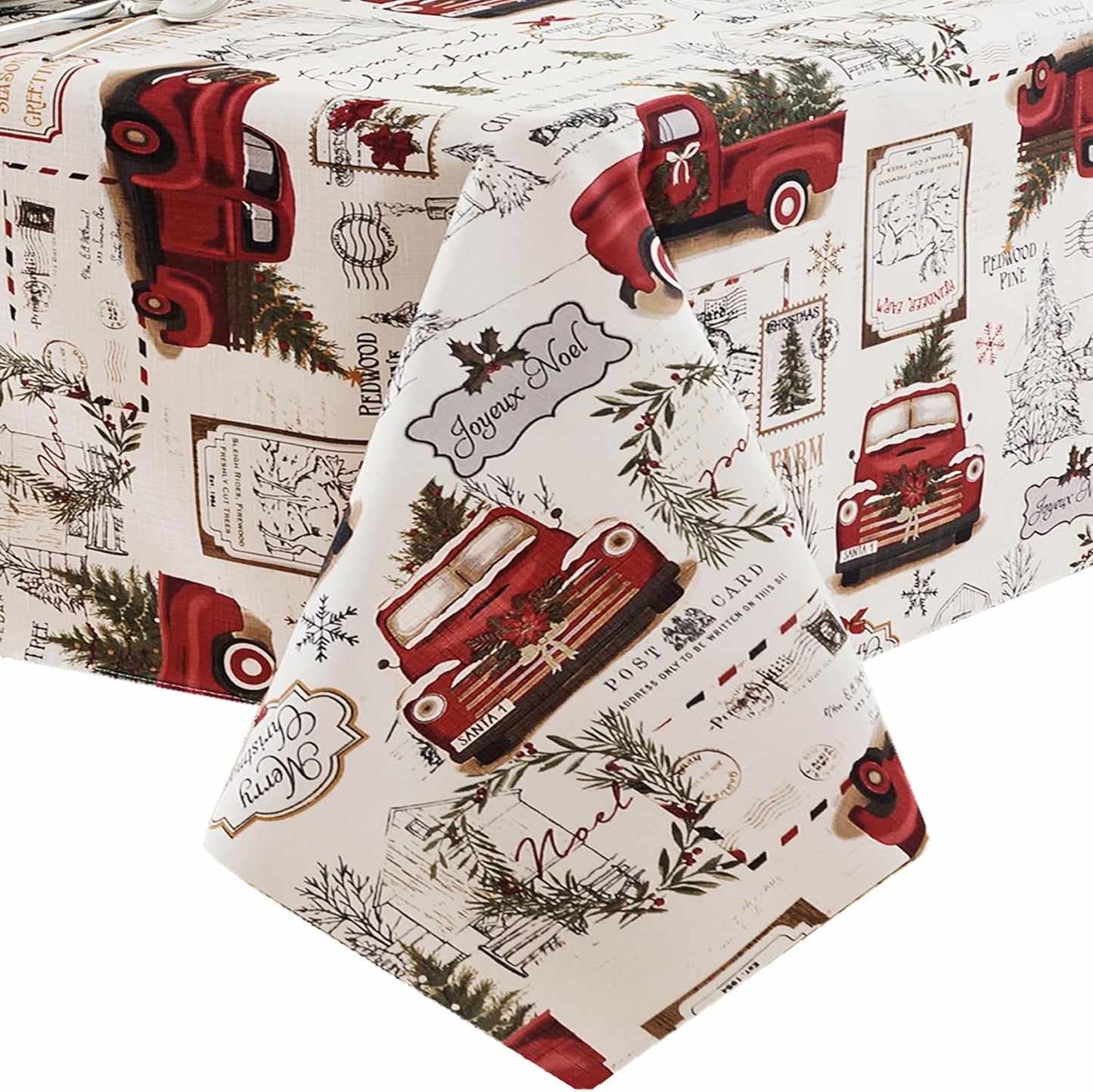 Pine Hill Christmas Tree Farm Fabric Holiday Tablecloth - Nostalgic Retro Christmas Farm Truck Print No Iron and Stain Resistant Fabric Tablecloth, 52” X 70” Oblong/Rectangle
