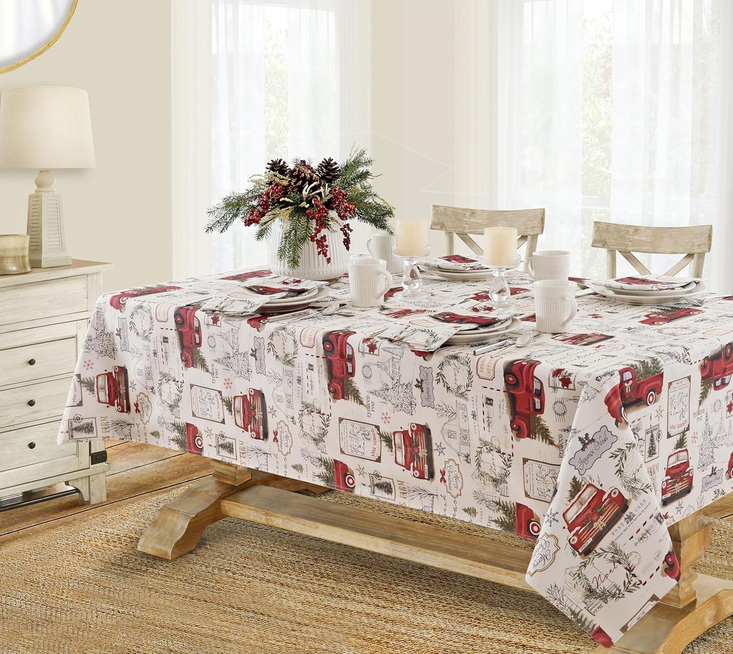 Pine Hill Christmas Tree Farm Fabric Holiday Tablecloth - Nostalgic Retro Christmas Farm Truck Print No Iron and Stain Resistant Fabric Tablecloth, 52” X 70” Oblong/Rectangle